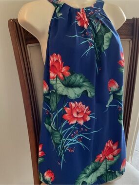 Tommy Bahama Blue Halter Floral Tank with Red & Green Print
